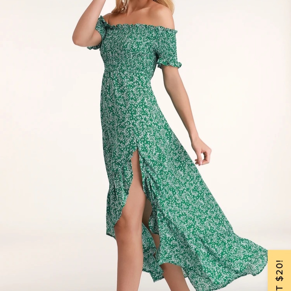 Lulu’s Green Floral Off-the-Shoulder Dress